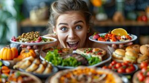 A smiling woman surrounded by plates of vibrant, appetizing dishes, symbolizing the importance of mindful eating and nutrition; You are waht you eat!