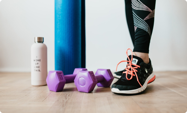 weights, water and athletic shoes | Pledge to Fitness