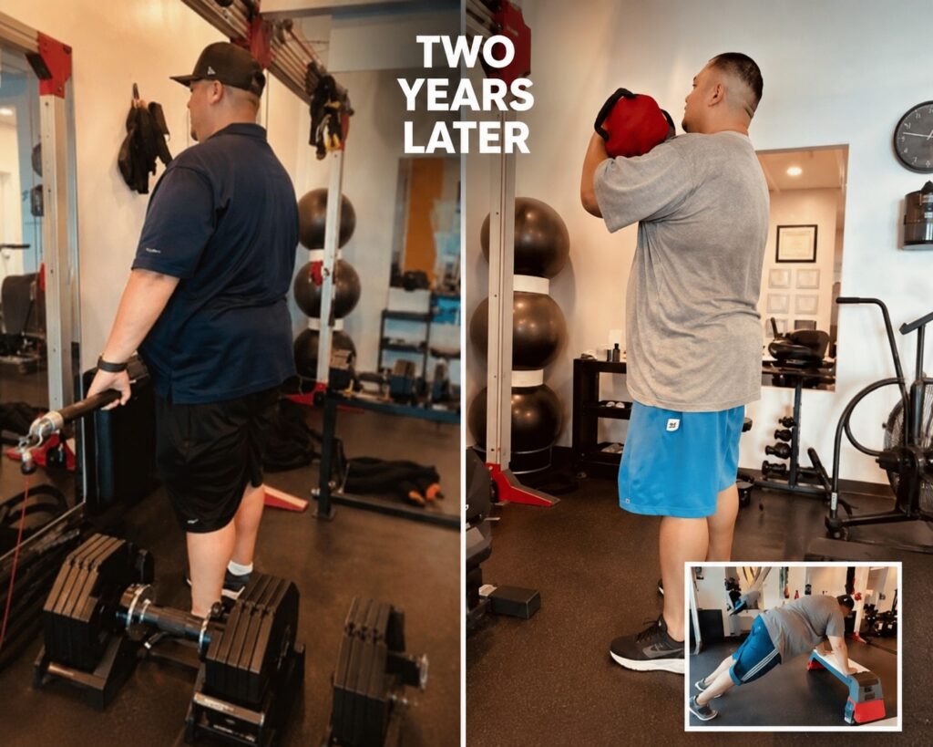 Before-and-after comparison of Johnson's fitness and weight loss journey, highlighting the lasting results of personalized coaching and sustainable lifestyle changes.