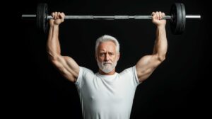 A fit, muscular man with white hair lifting a barbell overhead, demonstrating strength and vitality in later life and exemplifying the results of consistency for building sutainable fitness.