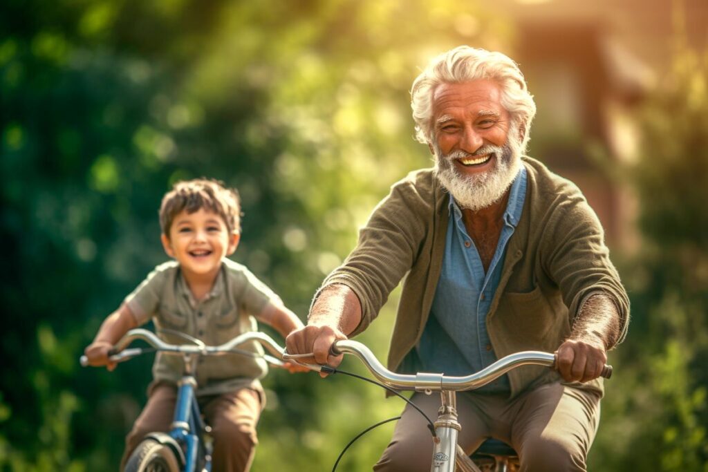 A older man and a children happily biking, an effective exercises for all ages