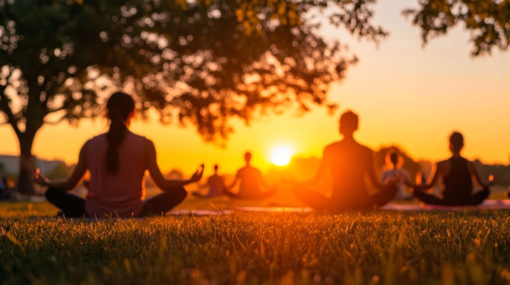 A relaxing image of a group practicing yoga and meditating outdoors at sunset—used to highlight yoga as a key strategy in a holistic weight loss approach.