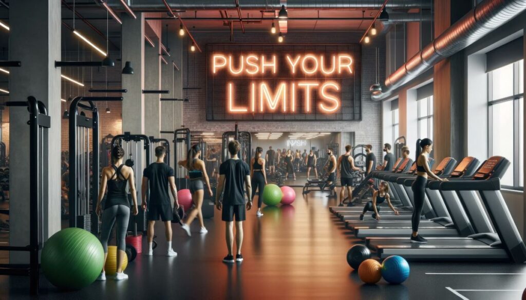 Modern Gym Interior with 'Push Your Limits' Neon Sign and Diverse Gym-goers. Whether at a gym or fitness studio, you can push your limits and reach your fitness goals. However, if you prefer a more intimate, less crowded setting, a fitness studio may be the better option for you.