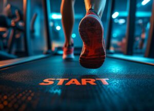 A person walking on a treadmill with "START" engraved on the belt, symbolizing the beginning of a meaningful intention.