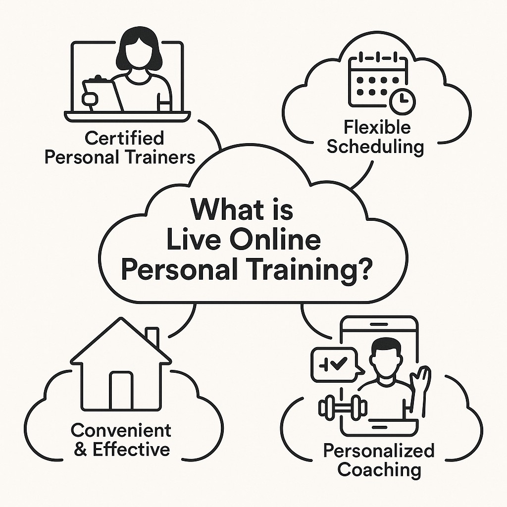 Infographic titled “What is Live Online Personal Training?” showing a central cloud surrounded by four smaller clouds. Each smaller cloud highlights key benefits: certified trainers, flexible scheduling, personalized coaching, and the convenience of training from home.