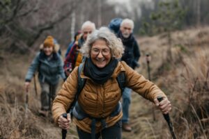 Group of older adults hiking outdoors, smiling and active—illustrating the connection between exercise and healthy longevity.