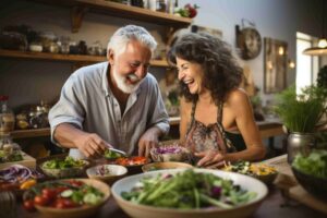 Two older adults, a man and a woman, enjoying time together while preparing fresh salads and vegetables in the kitchen—highlighting the role of social engagement and healthy nutrition for longevity.