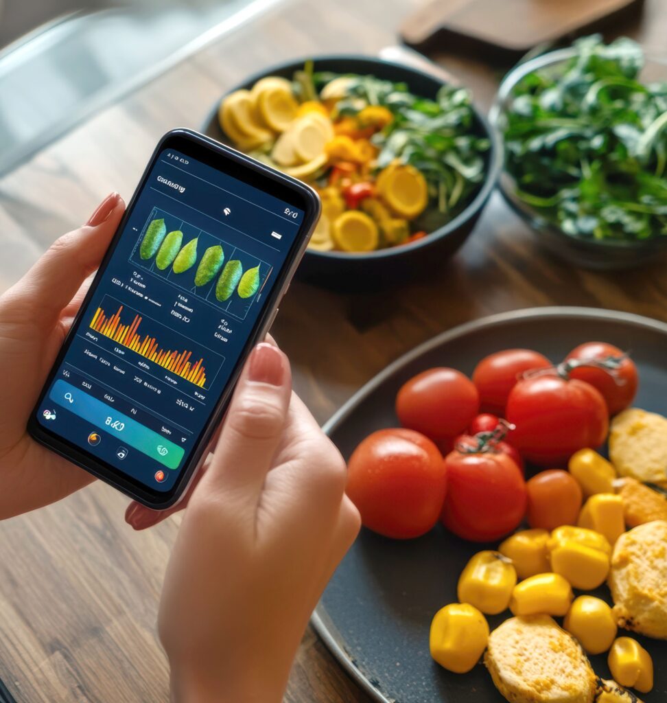 Tracking nutrition app with fresh vegetables on table.