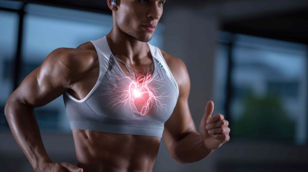 Athlete running indoors with an illuminated heart graphic symbolizing energy system activation, representing how personalized fitness optimizes aerobic and anaerobic performance.