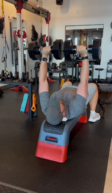 Dr. Collin Conrad performing a dumbbell chest press during a personal training session at Pledge To Fitness.