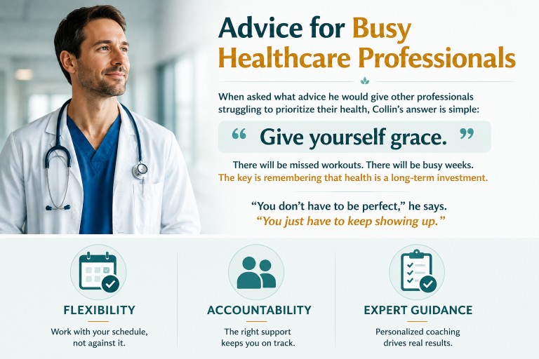 Advice for busy healthcare professionals: give yourself grace and build lasting fitness through flexibility, accountability, and expert guidance.